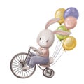 Cute party rabbit on the bicycle with air balloons, hand drawn cartoon character, lovely holiday clipart