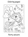 Cute party unicorn with balloons coloring vector