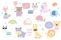 Cute pastel animal icon with fox,bear,llama,unicorn,lion,giraffe,hippopotamus,cat,elepahnt and rainbow Royalty Free Stock Photo