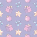 Cute pastel cartoon style Christmas seamless pattern with pink gift boxes, tree baubles and golden stars on light purple BG