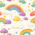 Cute pastel clouds and rainbows seamless pattern on light background Royalty Free Stock Photo