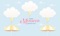 Cute Pastel Color Scheme and Paper Cut Style Happy Monsoon Season Sale Banner Background