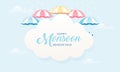 Cute Pastel Color Scheme and Paper Cut Style Happy Monsoon Season Sale Banner Background