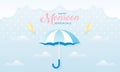 Cute Pastel Color Scheme and Paper Cut Style Happy Monsoon Season Sale Banner Background