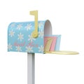 A Cute pastel colorful mailboxes with a open door, a raised flag, and letters envelope inside 3d render illustration