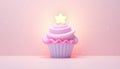 Cute pastel 3D cupcake pink and purple background. Vanilla cupcake with white whipped cream and vanilla biscuit cake in
