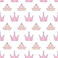 Cute pastel doodle crowns and diadems. Horizintal seamless pattern. Hand drawn girly repeat background for princess.