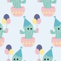 Cute pastel party cactus and balloons in a seamless pattern design