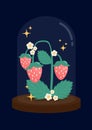 Cute pastel pink strawberries tree displayed in glass dome on deep blue night background