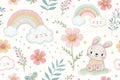 Cute pastel rainbow, cloud, flower, bunny pattern, seamless background Royalty Free Stock Photo