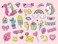 Cute patch badges. Magic fashion doodle patches, fairytale pink rainbow unicorn, ice cream and sweet candy isolated