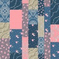 Cute patchwork pattern with lace, polka dot and floral patches in vector. Seamless print for fabric