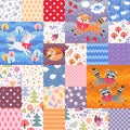 Cute patchwork pattern with unicorn, foxes, raccoons, flowers and decorative ornaments. Beautiful design for children.