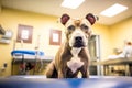 Cute patient. A vet in work uniform holding a beautiful little dog which is sitting on the table and looking at the