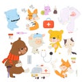 Cute Patients Animals. Sick Cartoon Characters on White Background