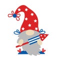 Cute patriotic gnome by July 4th. American Independence Day. Grey-haired elf with a firecracker, fireworks. A dwarf in a