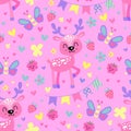 Cute pattern with animals. Baby deer, butterfly and flowers cartoon illustration. Vector seamless pink pattern for Royalty Free Stock Photo