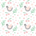 cute pattern with birds, dots, branches, cherries, hearts and stars. Royalty Free Stock Photo