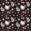 cute pattern with birds, dots, branches, cherries, hearts and stars.