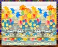 Cute pattern with countryside scene - colorful flowering trees and cozy houses on the background of hilly landscape