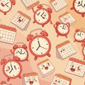 Cute pattern featuring animated red alarm clocks and smiling calendars. Each clock