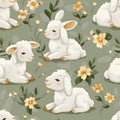 A cute pattern featuring playful white lambs among flowers on a soft green background Royalty Free Stock Photo