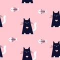 Cute pattern with fish bones and black cats on pink background. Ornament for textile and wrapping. Vector Royalty Free Stock Photo