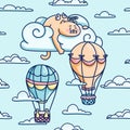Cute pattern with fluffy angel cat on cloud. Seamless pattern for children room. illustration of kitty with air balloon Royalty Free Stock Photo