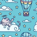 Cute pattern with fluffy angel cat on cloud. Seamless pattern for children room. illustration of kitty with air balloon Royalty Free Stock Photo