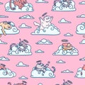 Cute pattern with fluffy angel cat on cloud. Seamless pattern for children room. Illustration of kitty in sky for Royalty Free Stock Photo