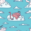 Cute pattern with fluffy angel cat on cloud. Seamless pattern for children room. Illustration of kitty in sky for Royalty Free Stock Photo