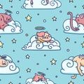 Cute pattern with fluffy angel cat on cloud. Seamless pattern for children room. Illustration of kitty in sky for Royalty Free Stock Photo