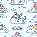 Cute pattern with fluffy angel cat on cloud. Seamless pattern for children room. Illustration of kitty in sky for Royalty Free Stock Photo