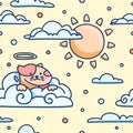 Cute pattern with fluffy angel cat on cloud. Seamless pattern for children room. Illustration of kitty in sky for Royalty Free Stock Photo