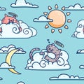 Cute pattern with fluffy angel cat on cloud. Seamless pattern for children room. Illustration of kitty in sky for Royalty Free Stock Photo