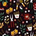 Cute Pattern with Garden Tools on Dark Background.