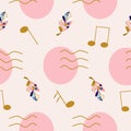 Cute pattern with geometric elements, music notes and colorful leaves Royalty Free Stock Photo