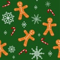 Cute pattern with gingerbread man, white icing. Snowflakes, candy cane, snow on green background. Christmas smiling