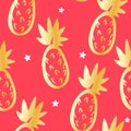 Cute pattern with golden pineapples and stars on red background. Ornament for textile and wrapping. Vector