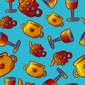 Cute pattern of kitchenware and utensils illustrations. Elements for desi