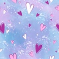 Cute pattern with multicolored hand-drawn doodle hearts on a lilac watercolor background. Beautiful minimalistic holiday