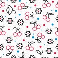 Cute pattern with outlined cherries, flowers, and dots on white background Royalty Free Stock Photo