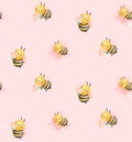 Cute pattern seamless flying bee Cartoon in adorable poses on pink background. Kawaii Animal Drawing for Spring & Summer