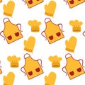 Cute pattern seamless vector illustration of oven mitt for your design. A yellow kitchen glove and apron flat icon. Isolated on Royalty Free Stock Photo