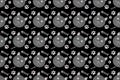 Cute pattern seamless wallpaper with black background, cartoon cat face pattern, gray herringbone footprints and footprints, for