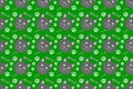 Cute pattern seamless wallpaper with dark green background, cartoon cat face pattern, gray herringbone footprints and footprints,