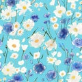 Cute pattern with small blue and white flowers on blue. Drawn floral seamless meadow background, texture, print. Vector