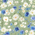 Cute pattern with small blue and white flowers on light green. Millefleurs. Liberty style. Drawn floral seamless meadow background