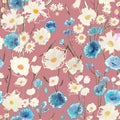 Cute pattern with small blue and white flowers on light pink. Millefleurs. Liberty style. Drawn floral seamless meadow background