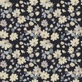 Cute pattern in small flowers witd eucalyptus. Small grey, yellow flowers. Exotic black background. Seamless floral pattern,